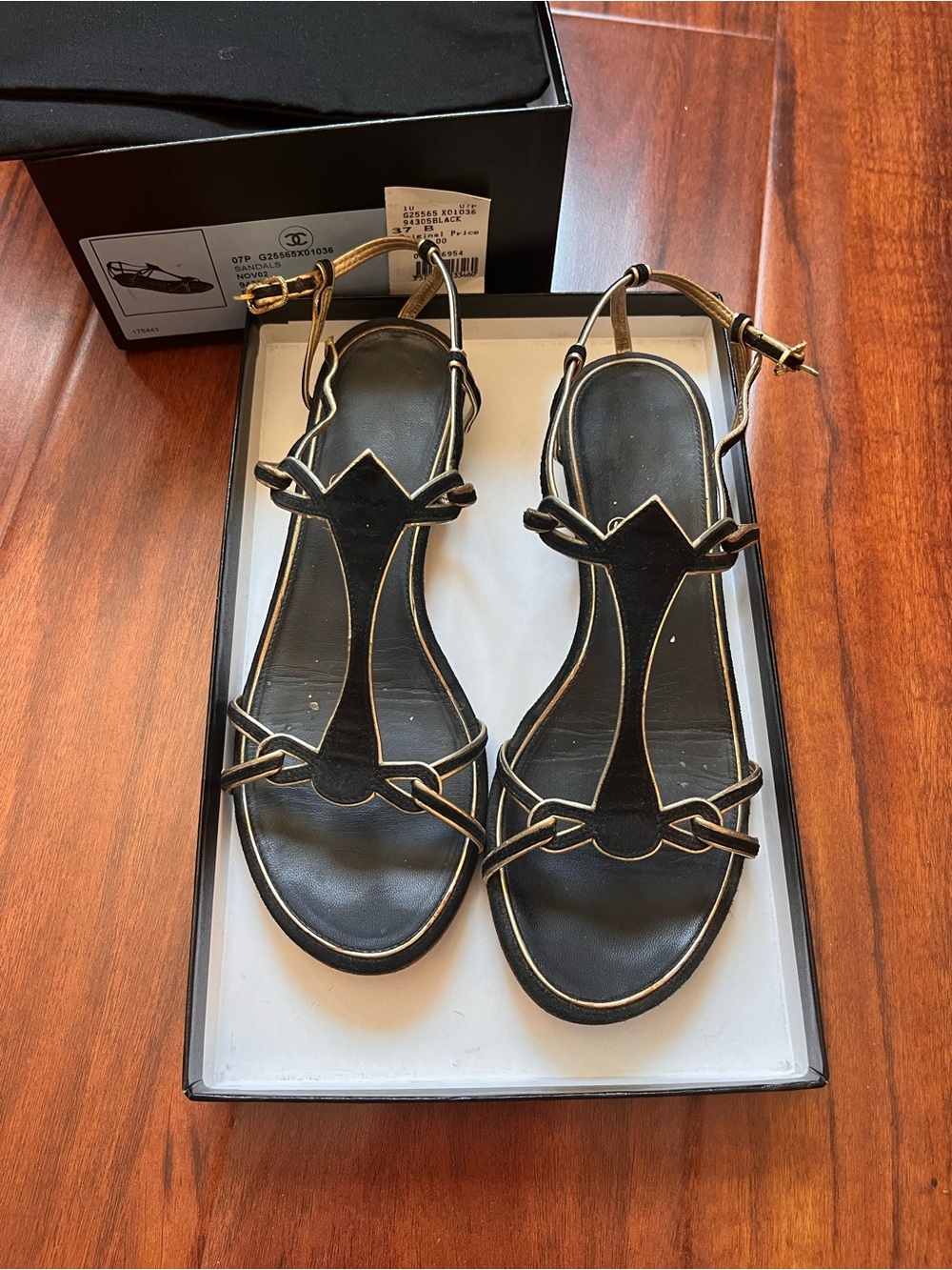 Chanel 2007 Black Suede & Gold CC Sandals Size 37